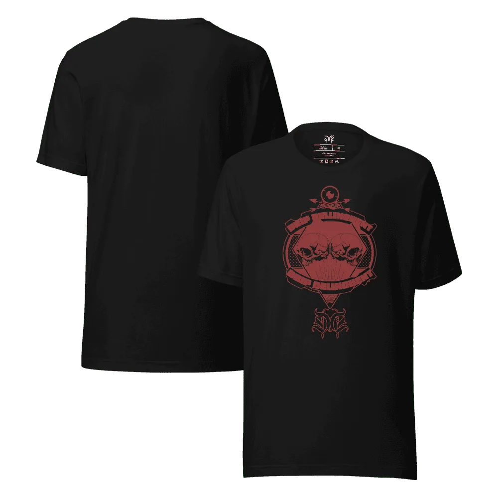 Alien streetwear graphic tee — twin skull badge design red on black — Drip Delinquent