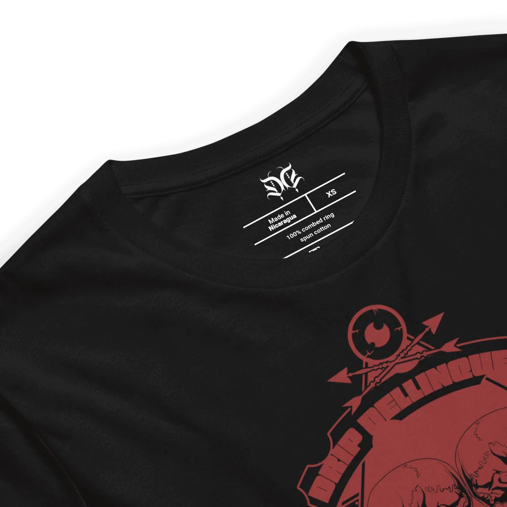 Alien streetwear graphic tee — twin skull badge design red on black — Drip Delinquent