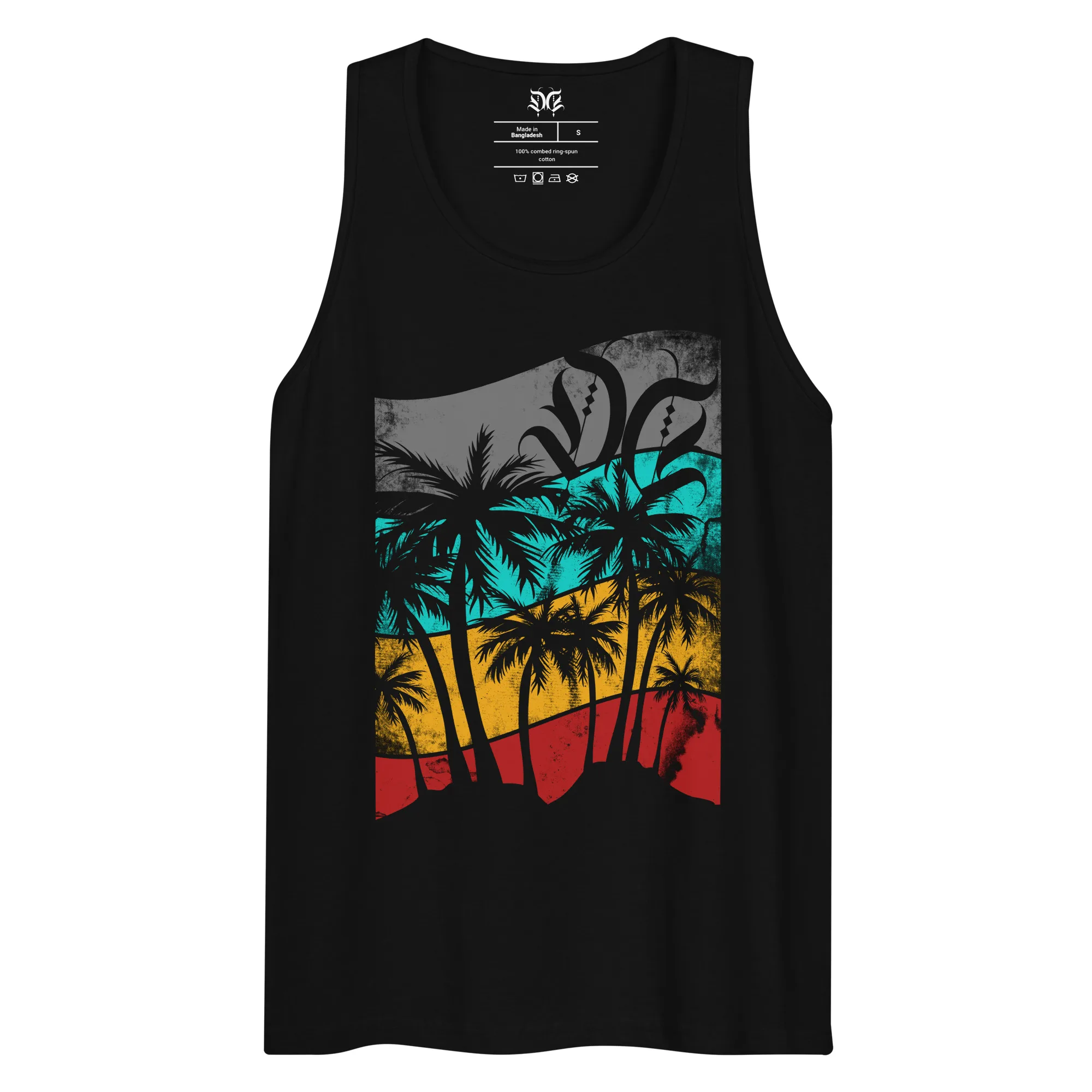 Summer Vibes distressed tank top — flag background palm tree silhouette — Drip Delinquent