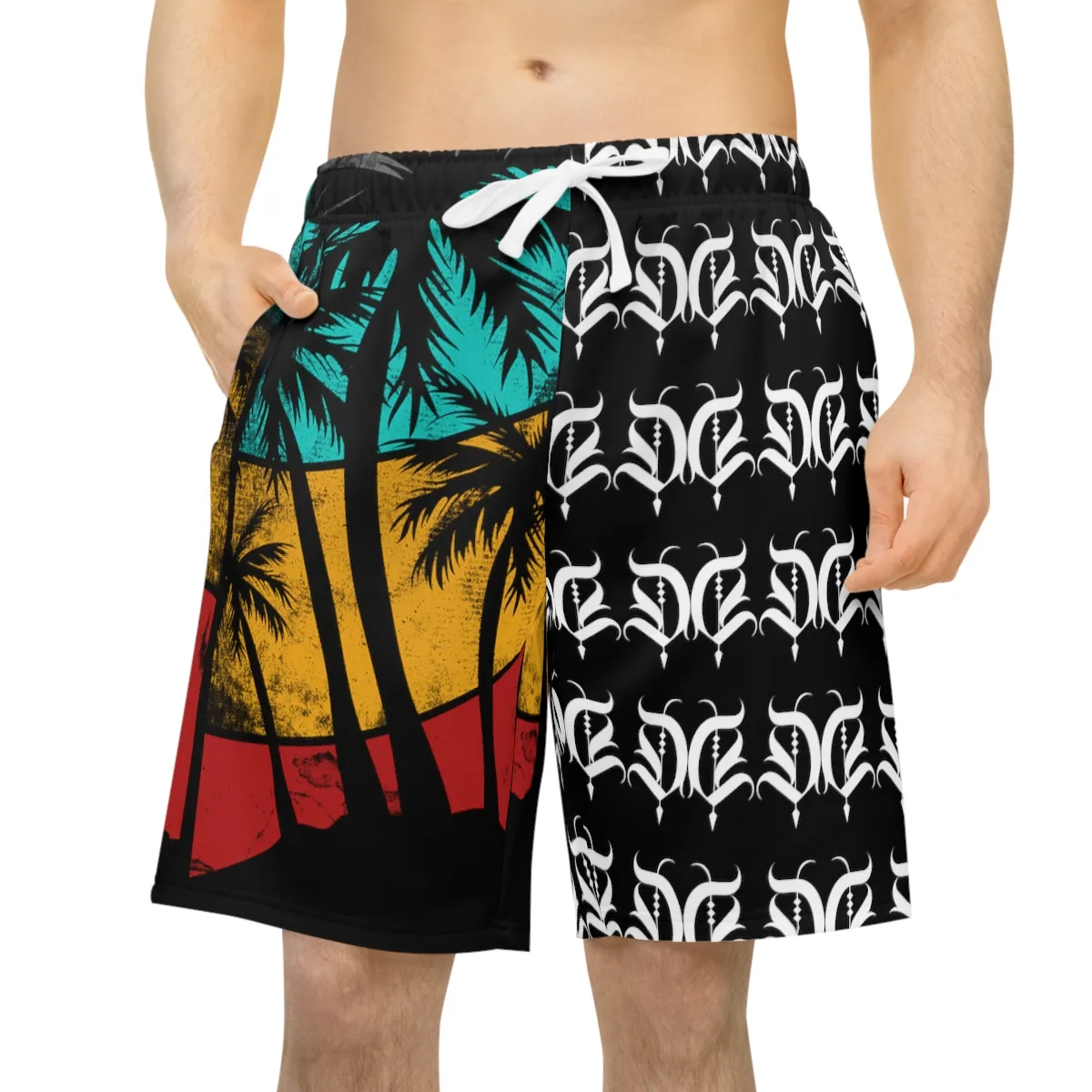 Summer Vibes streetwear shorts — distressed flag palm tree design — Drip Delinquent